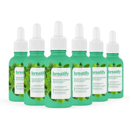Breatify breath spray bottles, seven green bottles with white dropper caps, Beauty Care Bag on Tampa Home & Garden Store