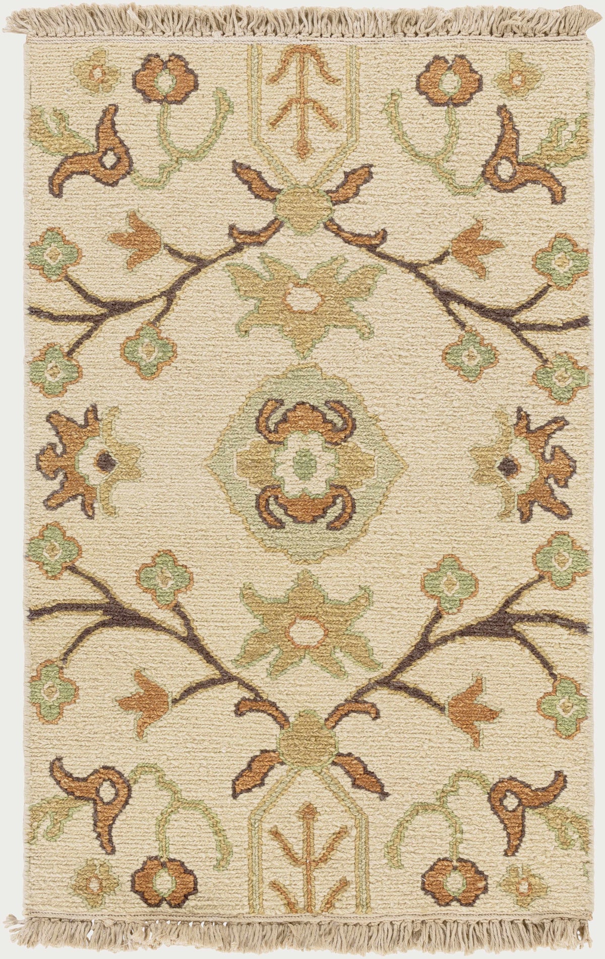 Brentford Carpet rug cream with olive, tan, rust arabesque motifs fringe Boutique Rugs on Tampa Home & Garden Store