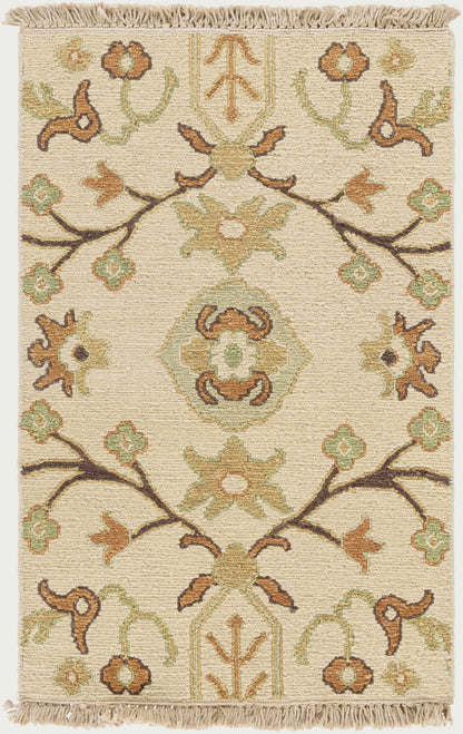 Brentford Carpet rug cream with olive, tan, rust arabesque motifs fringe Boutique Rugs on Tampa Home & Garden Store
