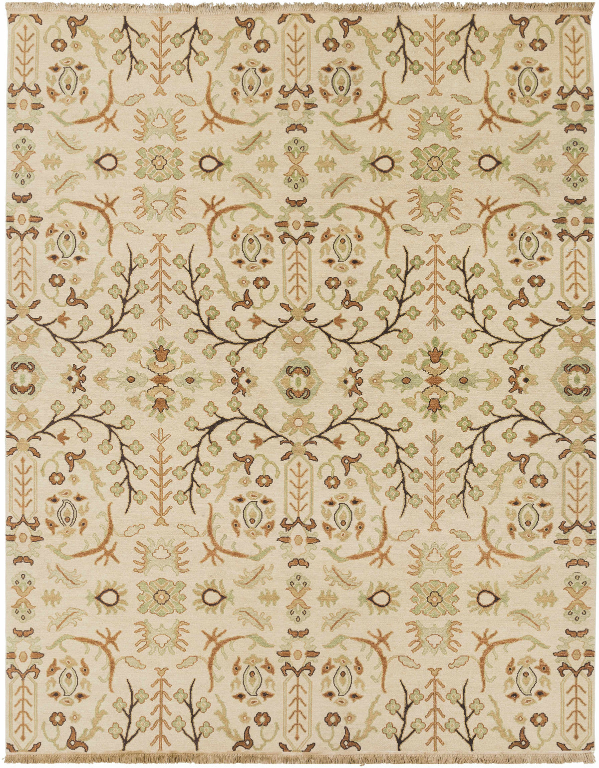 Brentford Carpet with beige base and ornate brown and sage green floral motif, fringed edges on Tampa Home & Garden Store