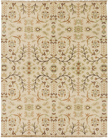 Brentford Carpet with beige base and ornate brown and sage green floral motif, fringed edges on Tampa Home & Garden Store