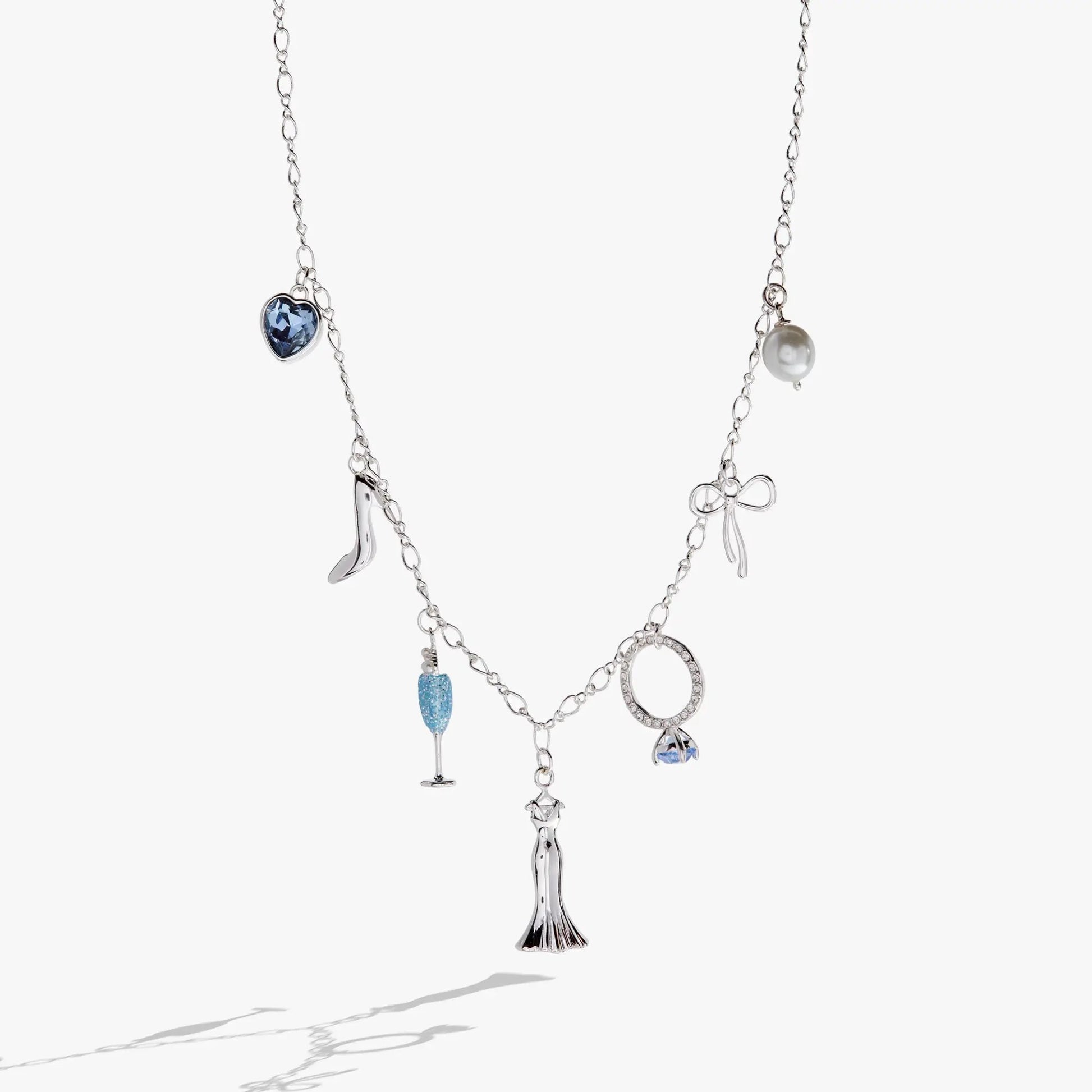 ALEX AND ANI Bridal Multi-Charm Necklace with blue heart gemstone, pearl, silver charms on Tampa Home & Garden Store