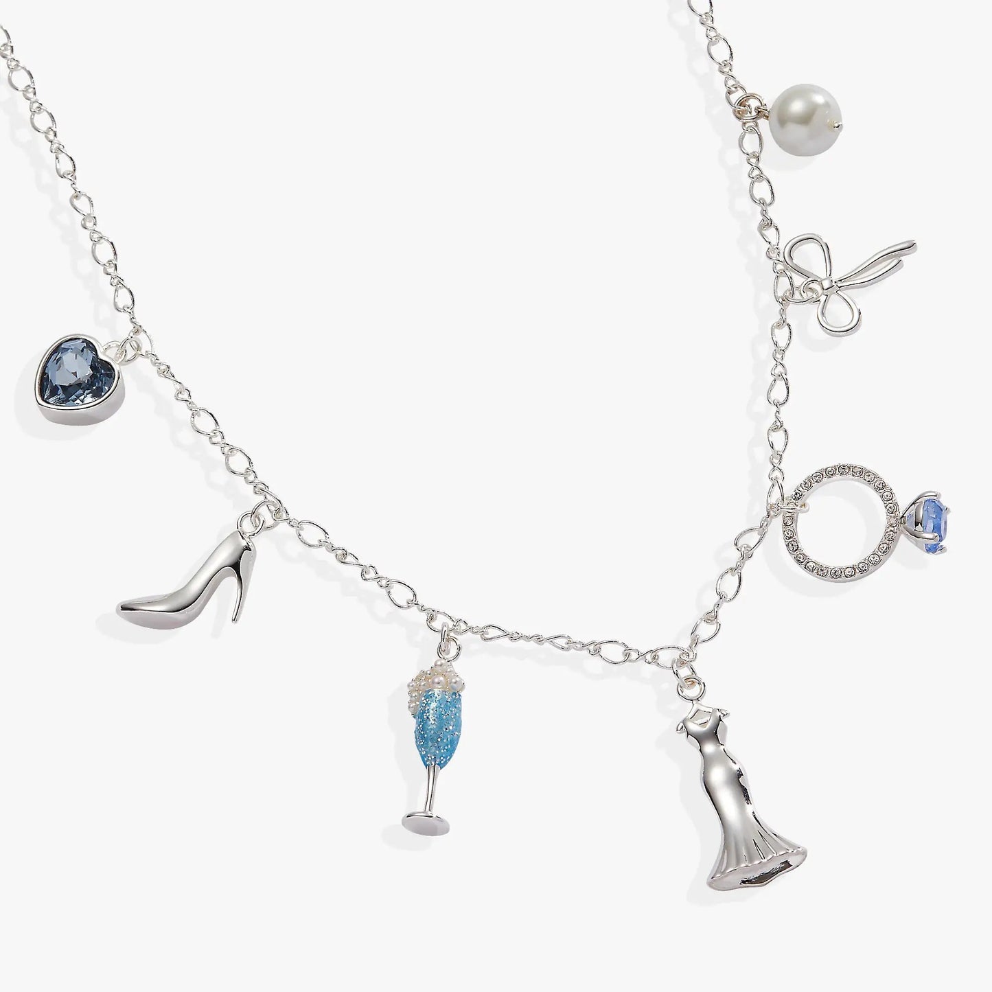Bridal multi-charm necklace by ALEX AND ANI with silver chain, blue heart pendant and pearl bead on Tampa Home & Garden Store