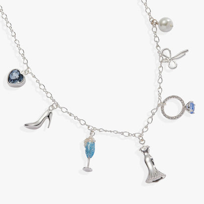Bridal multi-charm necklace by ALEX AND ANI with silver chain, blue heart pendant and pearl bead on Tampa Home & Garden Store