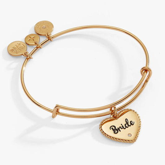 Alex and Ani Bride Heart Bangle in rose gold with three charms including a Bride disc on Tampa Home & Garden Store