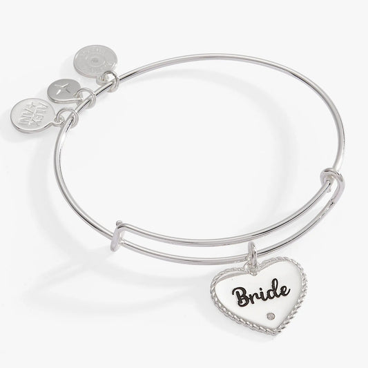 Bride Heart Bangle bracelet by Alex and Ani in silver with heart charm and Bride tag on Tampa Home & Garden Store