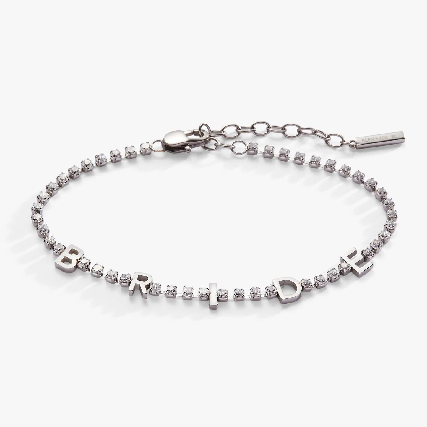Bride crystal tennis bracelet by ALEX AND ANI; silver-tone chain with BRIDE letters on Tampa Home & Garden Store
