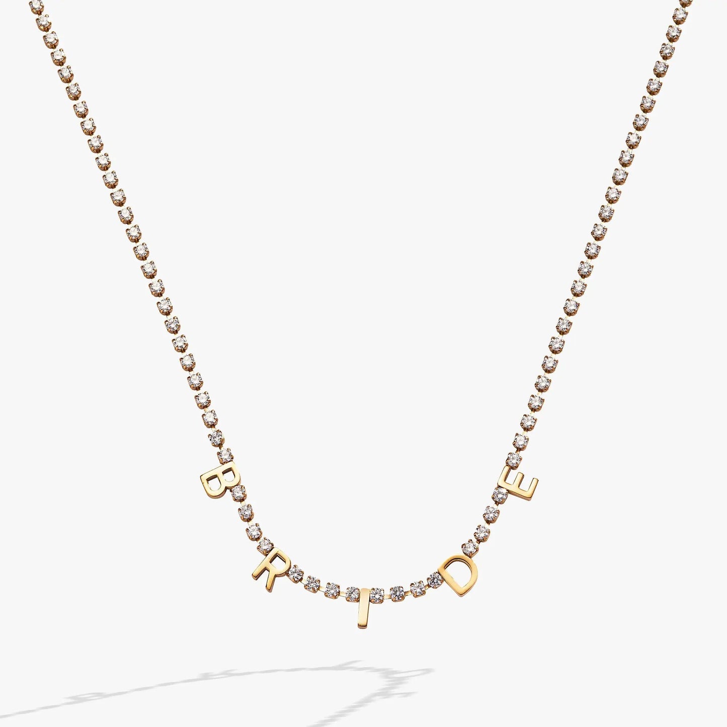 Bride crystal tennis necklace by ALEX AND ANI, gold-tone chain with stones and BRIDE charms on Tampa Home & Garden Store