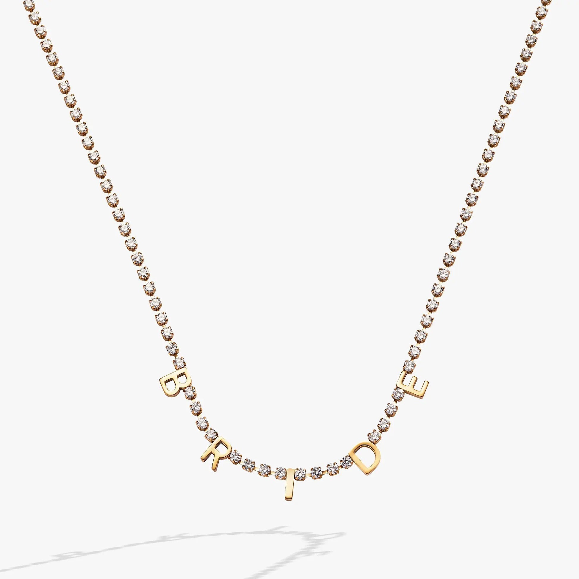 Bride crystal tennis necklace by ALEX AND ANI, gold-tone chain with stones and BRIDE charms on Tampa Home & Garden Store