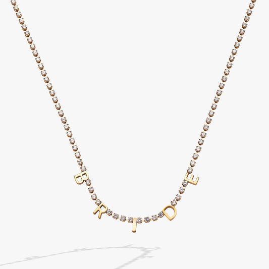 Bride crystal tennis necklace by ALEX AND ANI, gold-tone chain with stones and BRIDE charms on Tampa Home & Garden Store