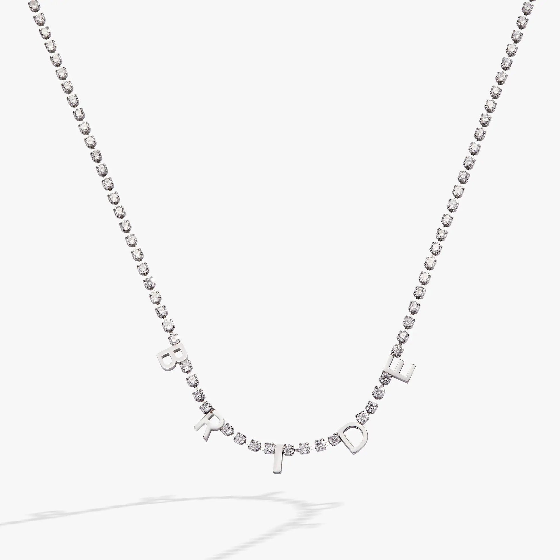 Bride crystal tennis necklace with clear stones and BRIDE letter charms by ALEX AND ANI on Tampa Home & Garden Store