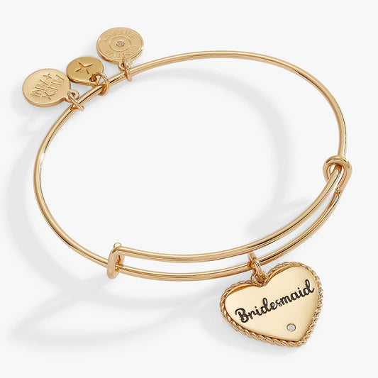 Bridesmaid Heart Bangle gold-tone bracelet with engraved bridesmaid plate and Alex and Ani disc on Tampa Home & Garden Store