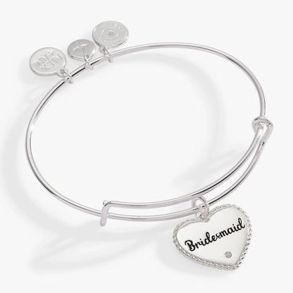 Bridesmaid Heart Bangle by Alex and Ani, silver-tone bracelet with charm discs and Bridesmaid tag on Tampa Home & Garden Store