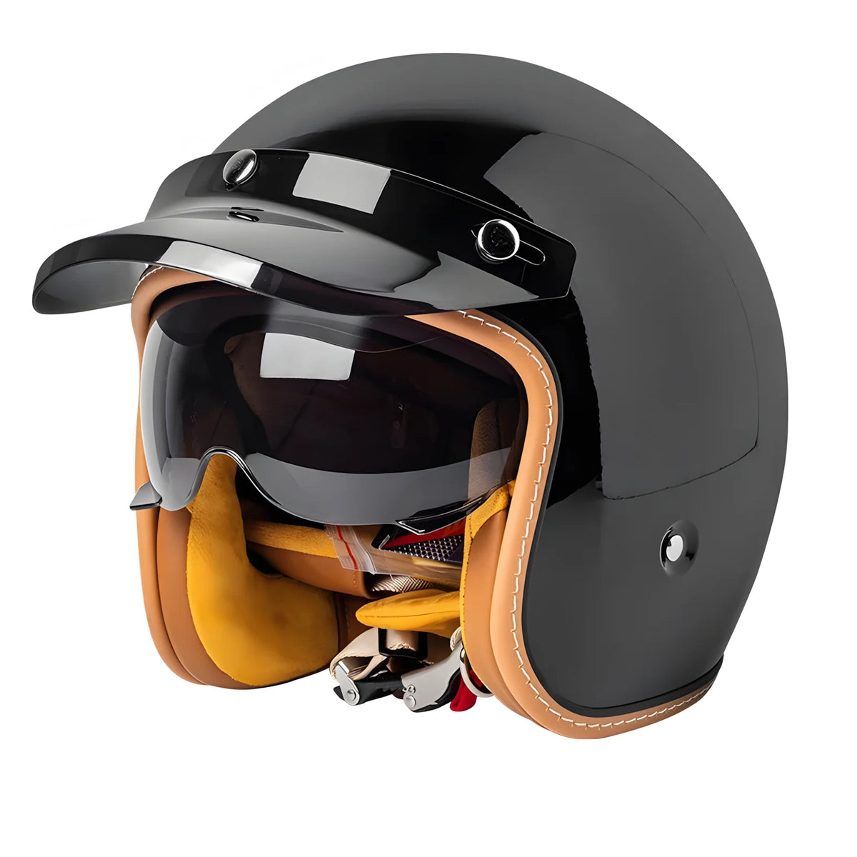 The Street King Open Face Helmet by BikerZoneZ, charcoal shell with tan leather interior on Tampa Home & Garden Store