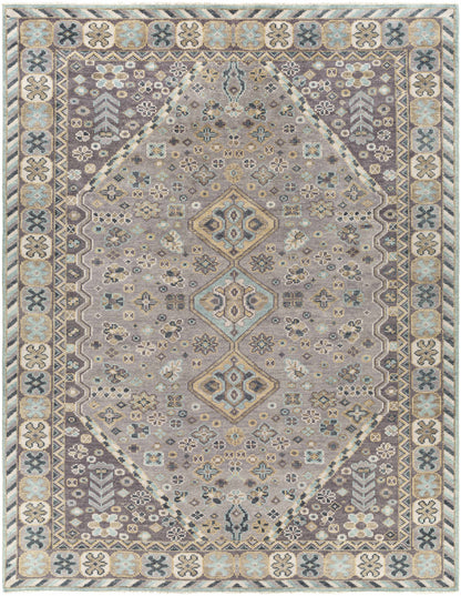 Boroon Area Rug by Boutique Rugs in mauve-gray with teal border and subtle medallions on Tampa Home & Garden Store