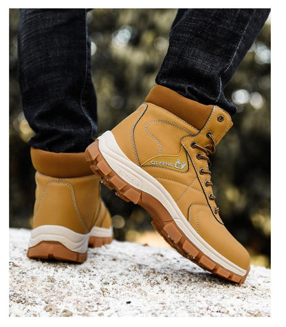 Stevvex men's brown winter boots with waterproof leather upper and rugged outsole pair on Tampa Home & Garden Store