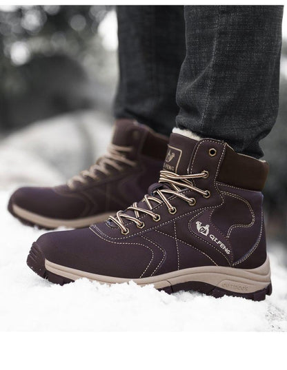 Brown winter boots with plush lining, waterproof leather, lace-up ankle boot QFENG logo visible on Tampa Home & Garden Store