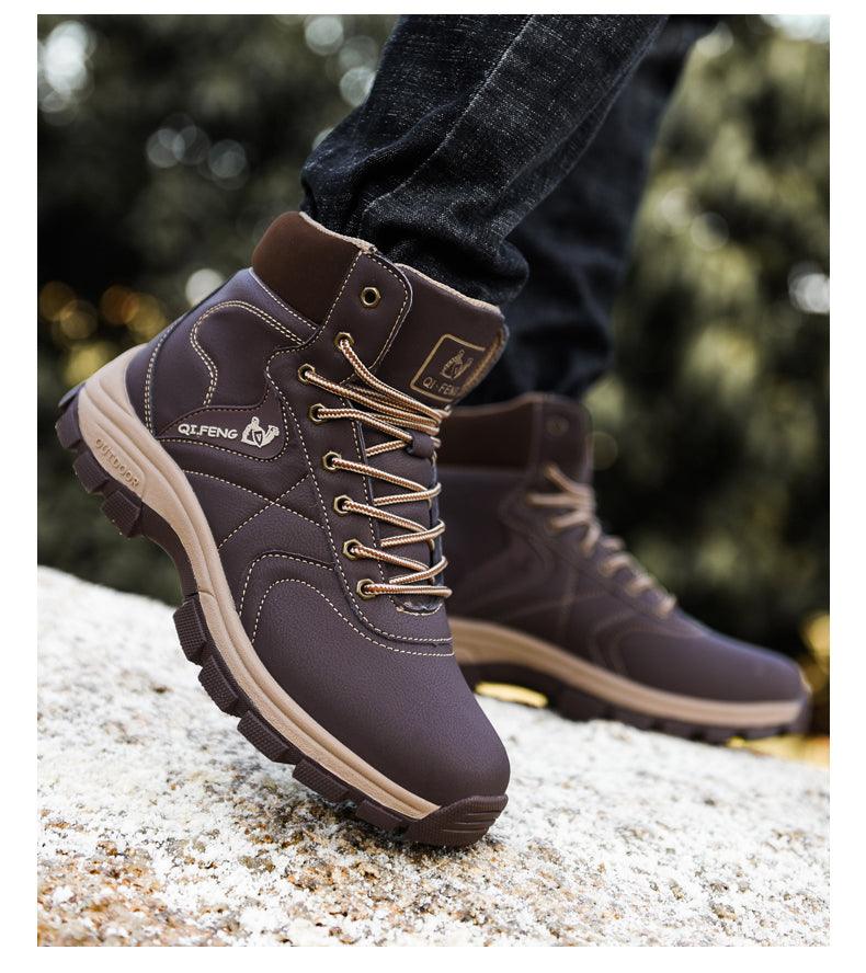 Stevvex men's brown winter boots pair with waterproof leather and plush lining, non-slip outsole on Tampa Home & Garden Store