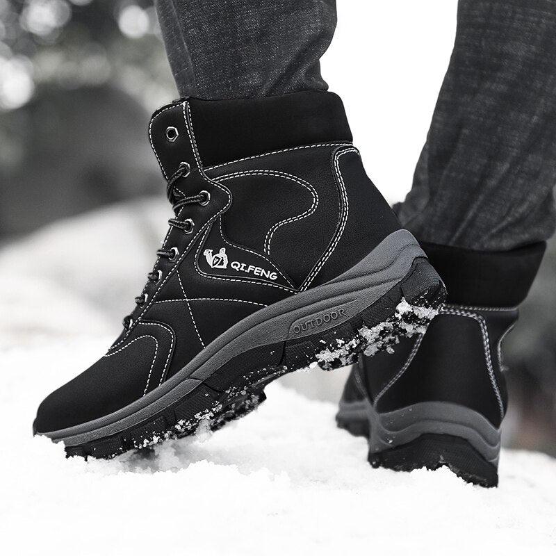 Black winter hiking boots with waterproof leather upper and plush lining; QIFENG logo on Tampa Home & Garden Store