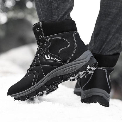 Black winter hiking boots with waterproof leather upper and plush lining; QIFENG logo on Tampa Home & Garden Store