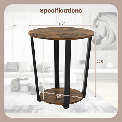 2-tier Round End Table with Storage Shelf & Metal Frame