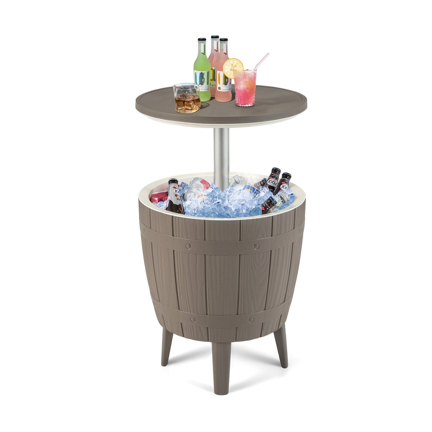 GemGear 10 Gallon Cooler Bar Table telescopic top, brown barrel base with ice on Tampa Home & Garden Store