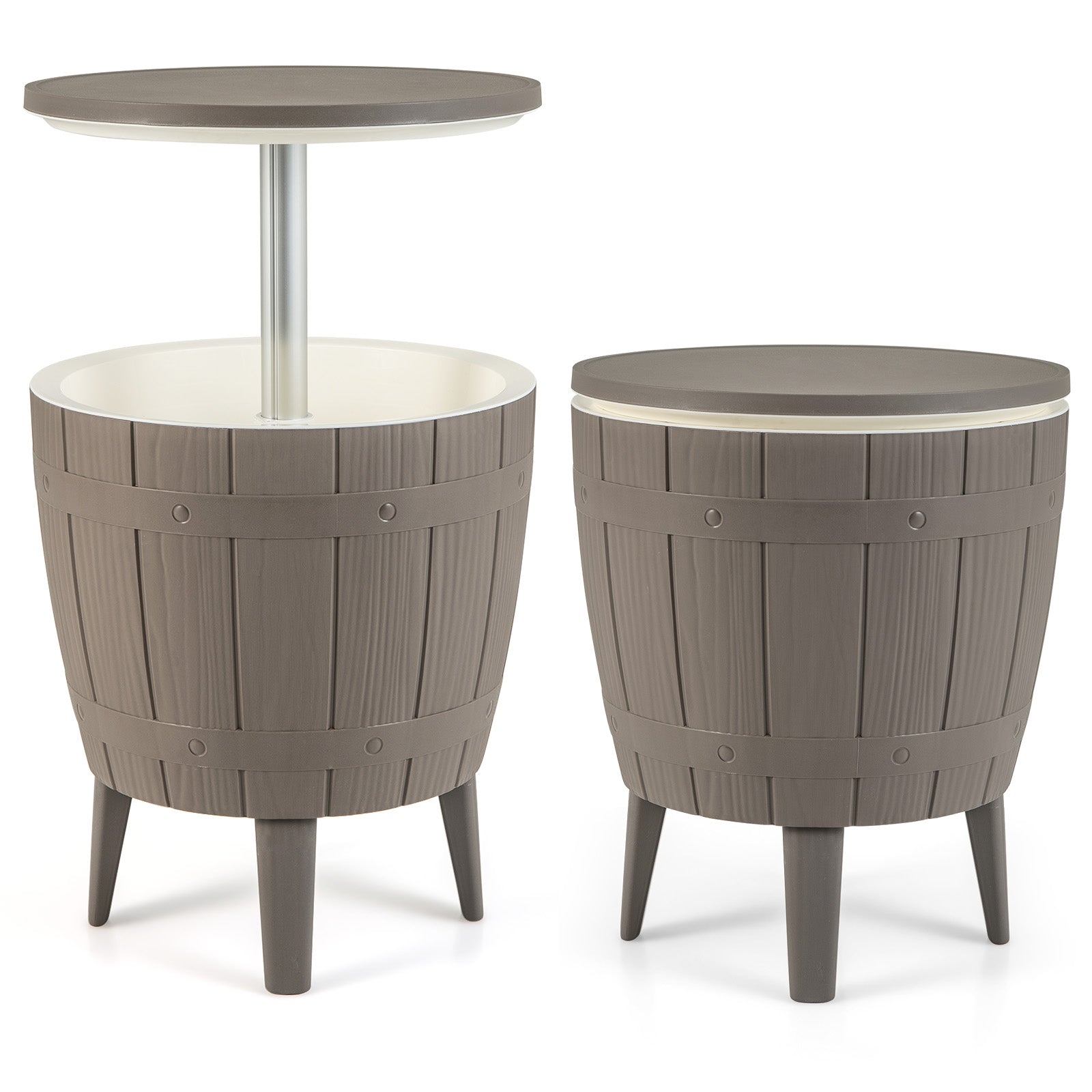 GemGear 10 Gallon Cooler Bar Table with Telescopic Tabletop two brown barrel tables on Tampa Home & Garden Store
