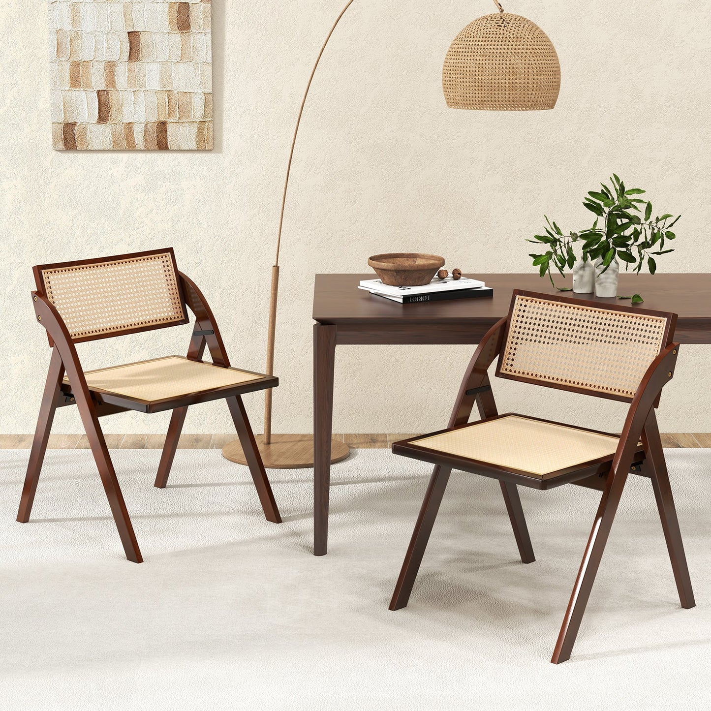 Foldable dining chairs set of 2 with woven rattan backrests in brown wood frames on Tampa Home & Garden Store