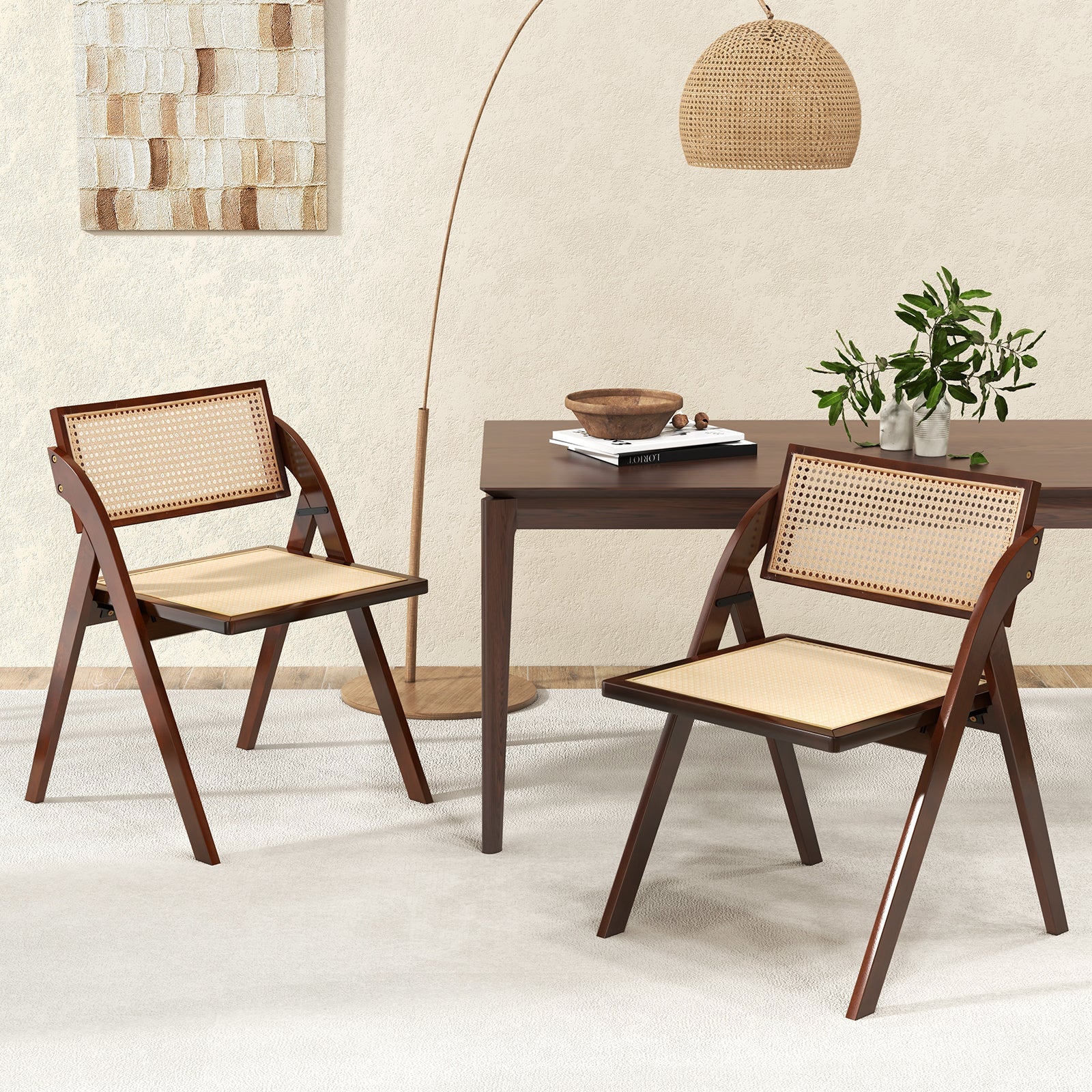 Foldable dining chairs set of 2 with woven rattan backrests in brown wood frames on Tampa Home & Garden Store