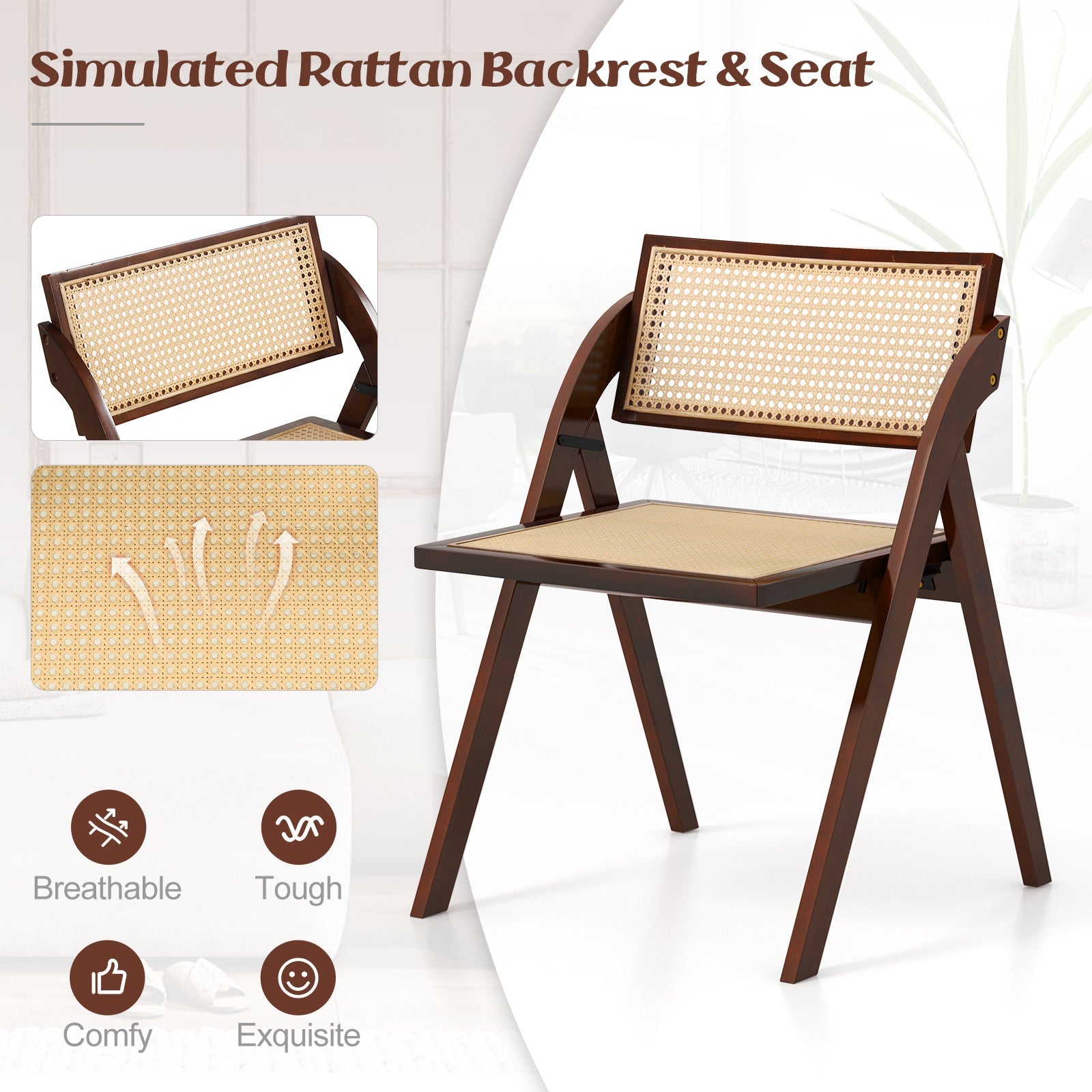 Foldable dining chairs set of 2 with woven rattan backrest on wood frame DirectDeals on Tampa Home & Garden Store
