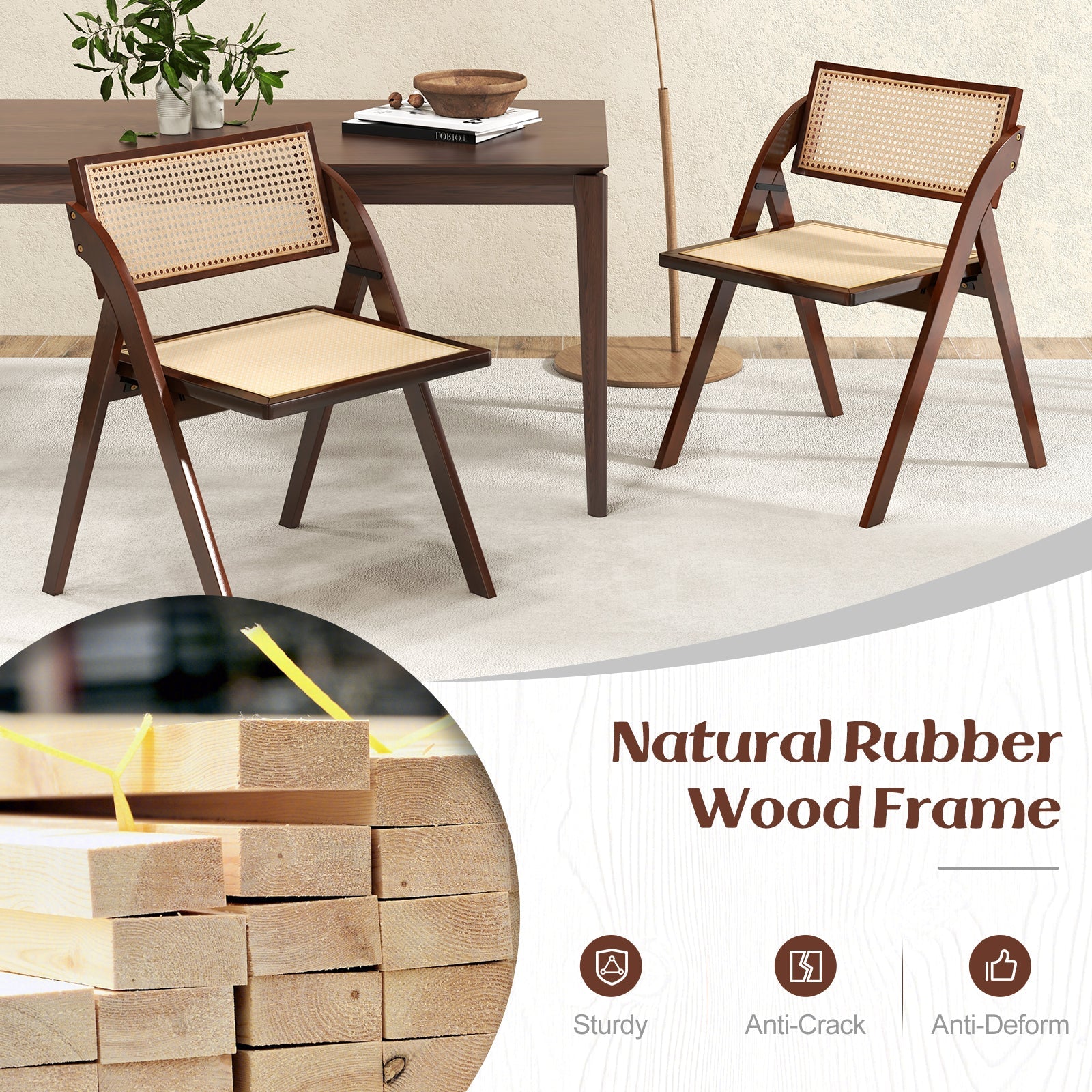 Foldable Dining Chairs set of 2 with woven rattan backrest and rubberwood frame brown on Tampa Home & Garden Store