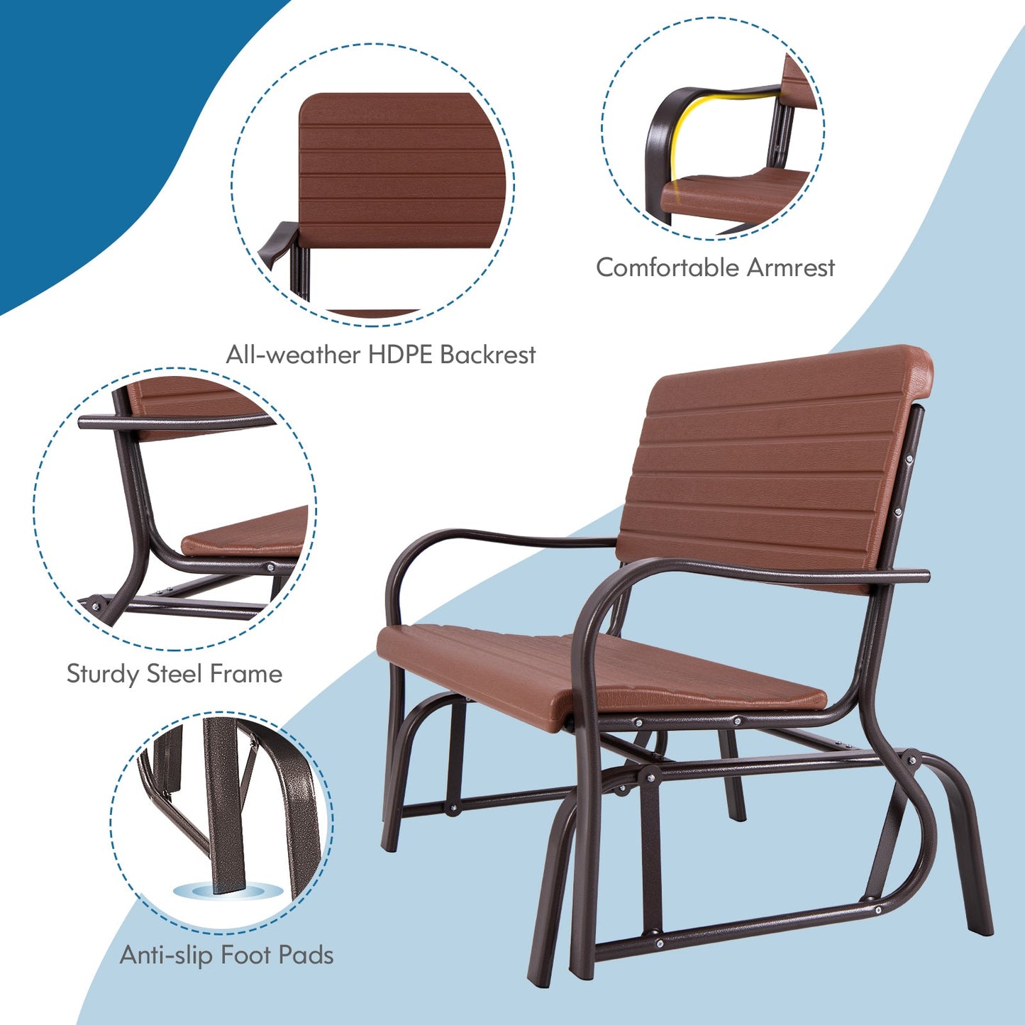 Planeador de porche de 2 plazas con asiento trasero de HDPE y estructura de acero - Marrón