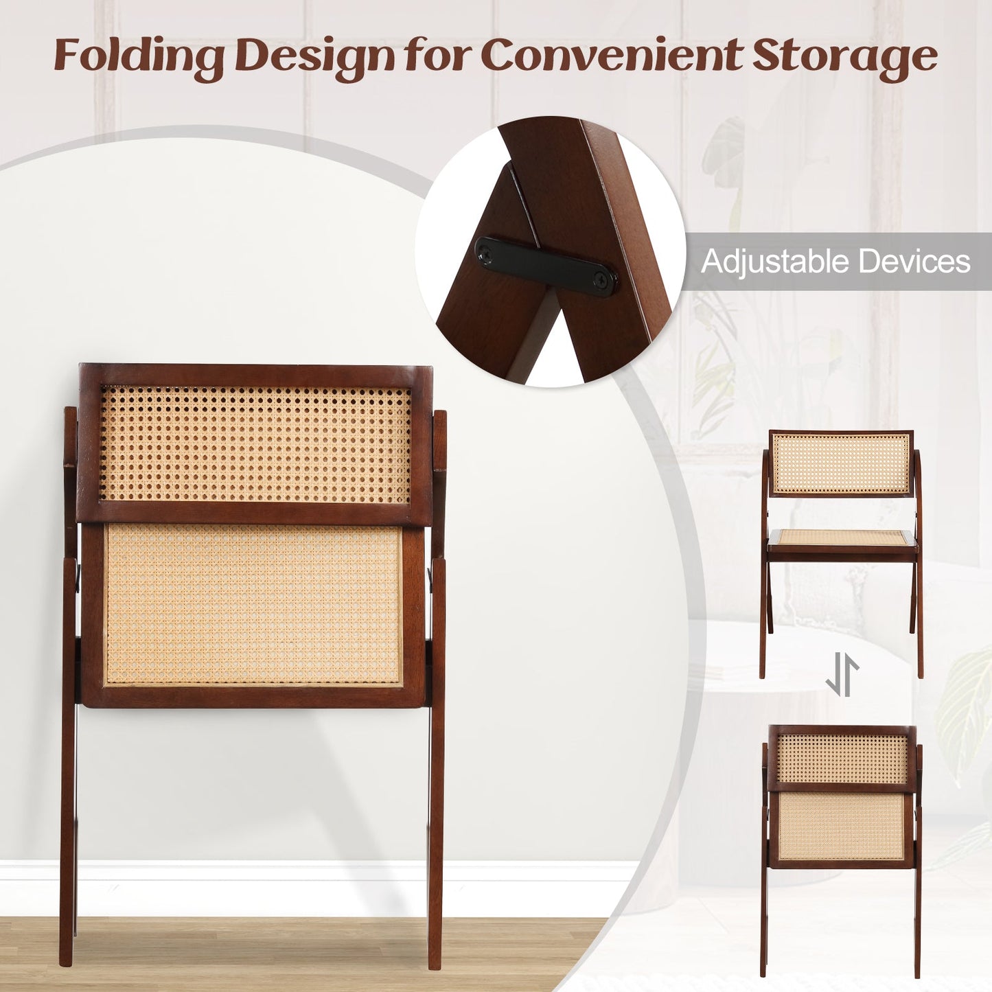 Foldable dining chairs set of 2 with woven rattan backrests in dark wood frames on Tampa Home & Garden Store