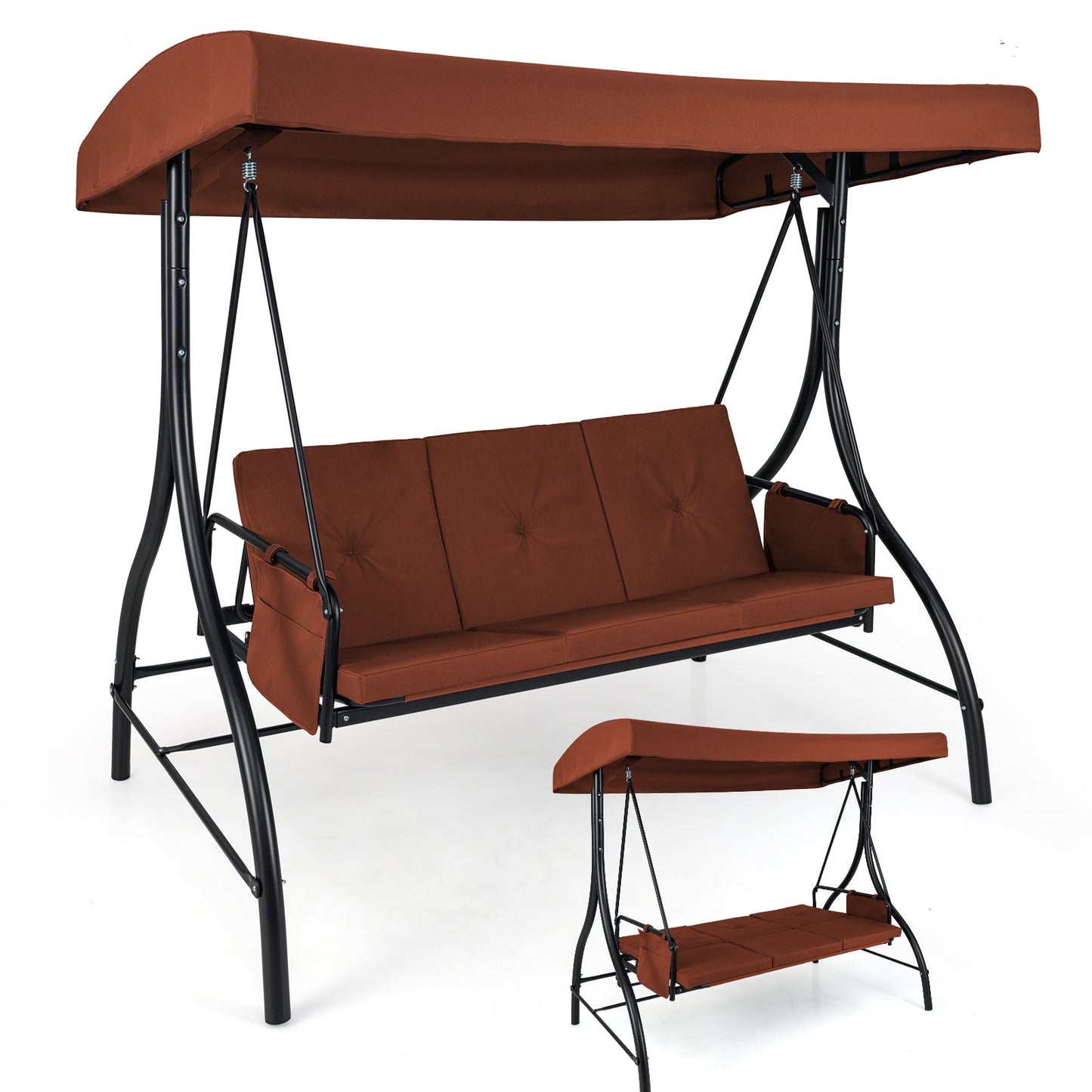 3-Piece Patio Swing with Canopy Removable Cushions and Side Pockets-Brown