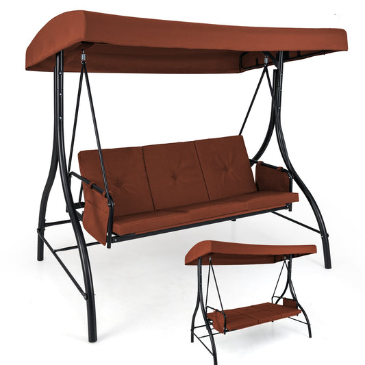3-Piece Patio Swing with Canopy Removable Cushions and Side Pockets-Brown