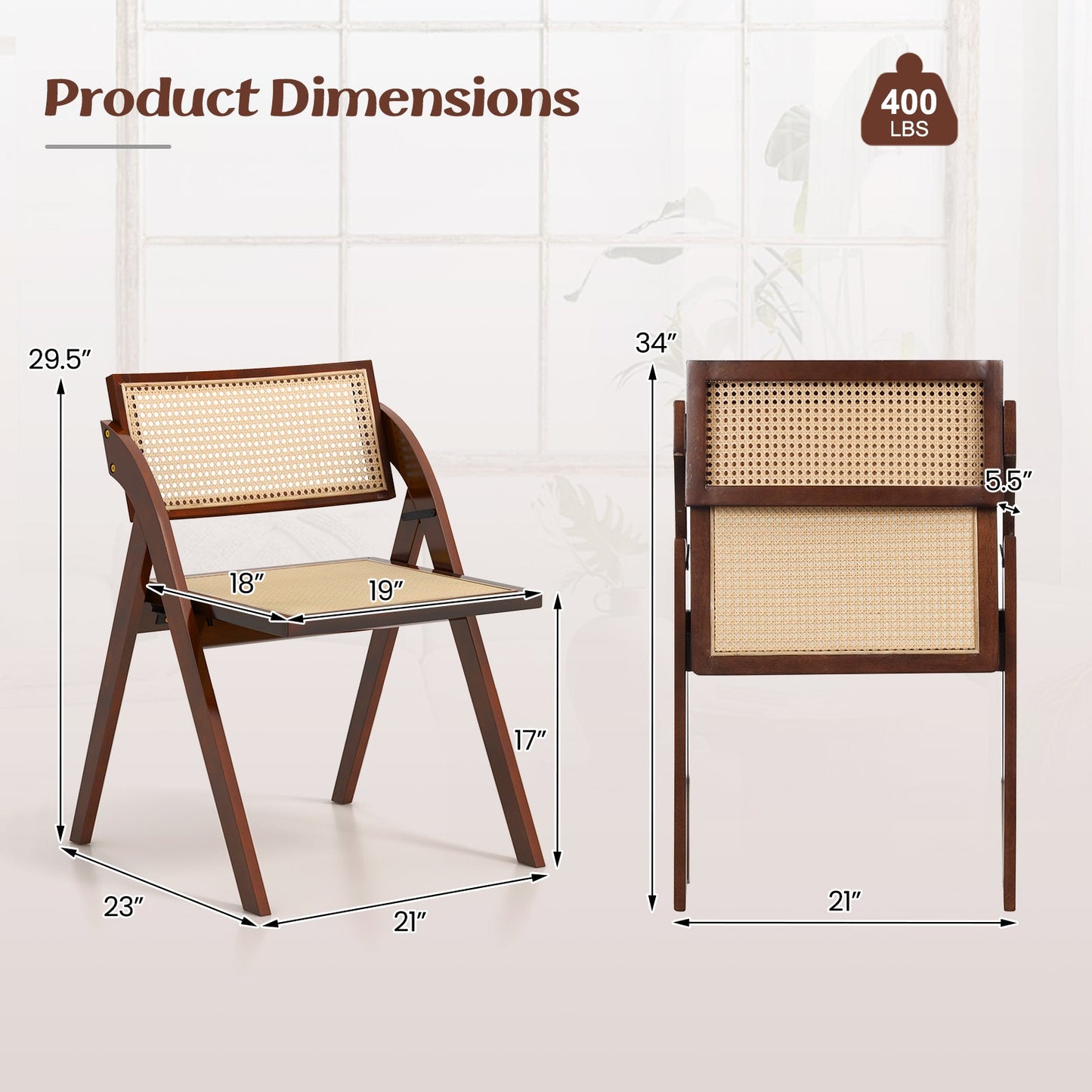 Foldable dining chairs set of 2 with woven rattan backrests and brown wood frame DirectDeals on Tampa Home & Garden Store