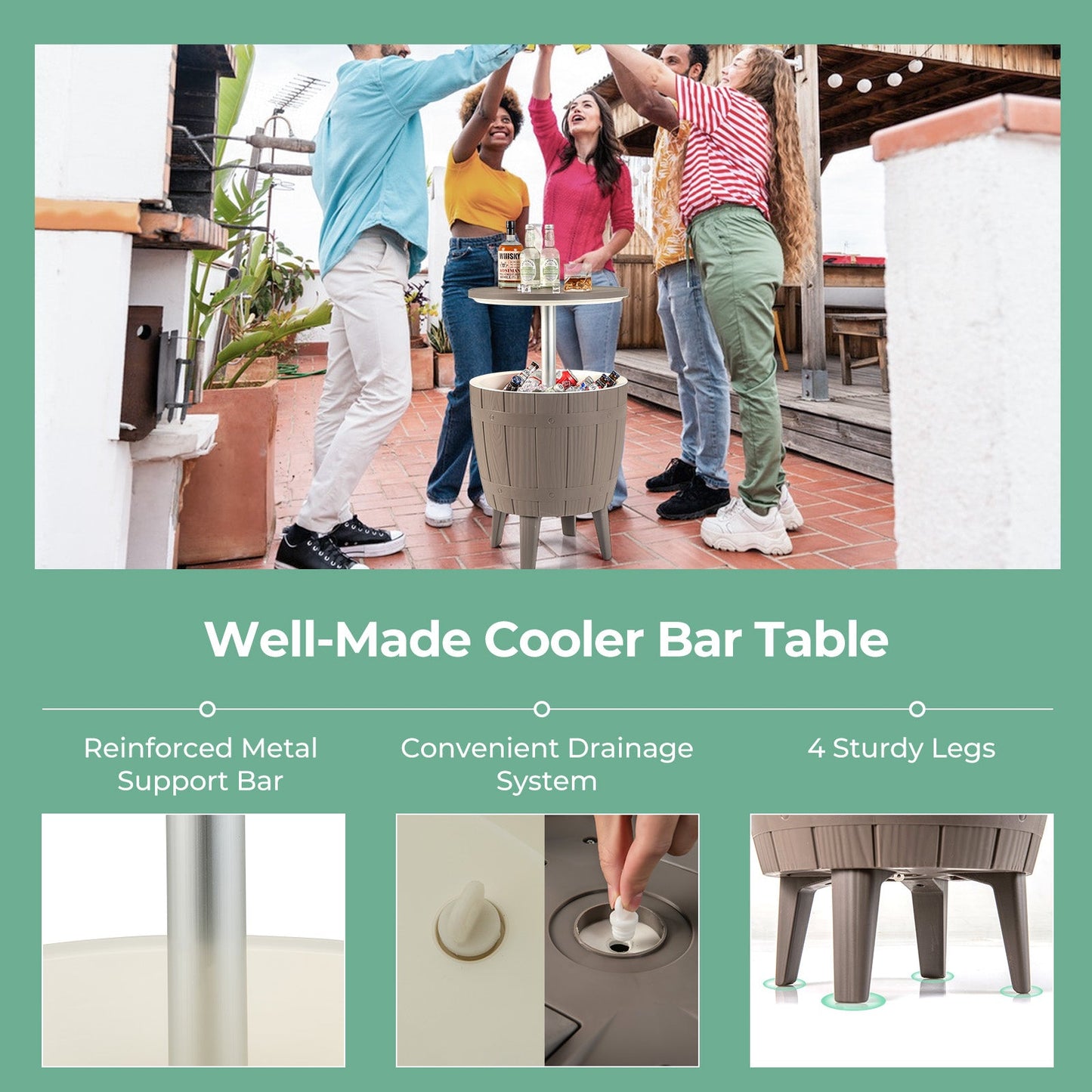 10 Gallon Cooler Bar Table by GemGear with telescopic tabletop and ice bucket, taupe metal base on Tampa Home & Garden Store