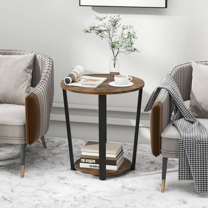 2-tier Round End Table with Storage Shelf & Metal Frame