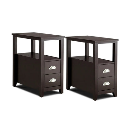 Set of 2 Wooden End Tables with Drawers and Shelf