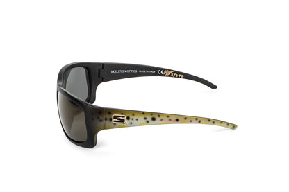 Outlaw Brown Trout sunglasses by Skeleton Optics, black frame with trout-pattern temples on Tampa Home & Garden Store