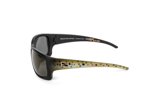 Outlaw Brown Trout sunglasses by Skeleton Optics, black frame with trout-pattern temples on Tampa Home & Garden Store