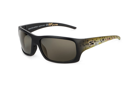 Outlaw Brown Trout sunglasses by Skeleton Optics with black frame and olive spotted temples logo on Tampa Home & Garden Store