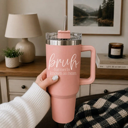 Bruh Pink 40oz tumbler by Gia Roma with pink handle, straw and stainless lid on Tampa Home & Garden Store