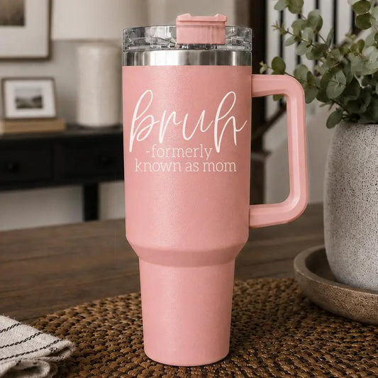 Bruh Pink 40oz travel mug Gia Roma with pink handle and clear lid on Tampa Home & Garden Store