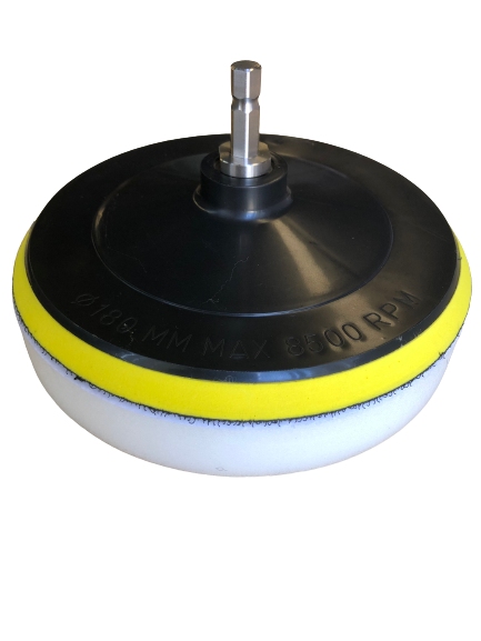 Hull cleaner attachment with black housing, yellow rim and white foam pad on a metal shaft on Tampa Home & Garden Store