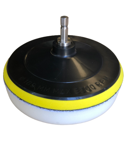 Hull cleaner attachment with black housing, yellow rim and white foam pad on a metal shaft on Tampa Home & Garden Store