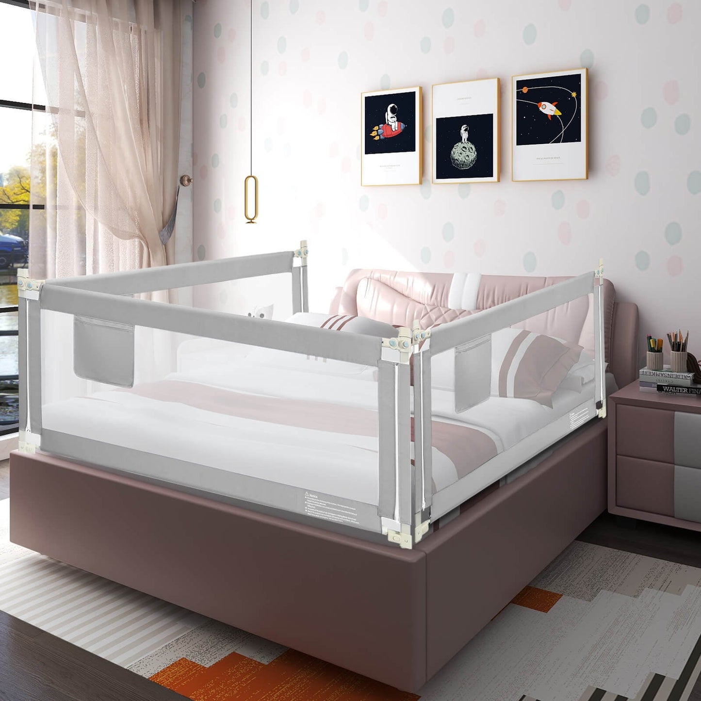 76.8 Inch Baby Bed Rail with Double Safety Child Lock, gray frame with mesh panels for bed safety on Tampa Home & Garden Store