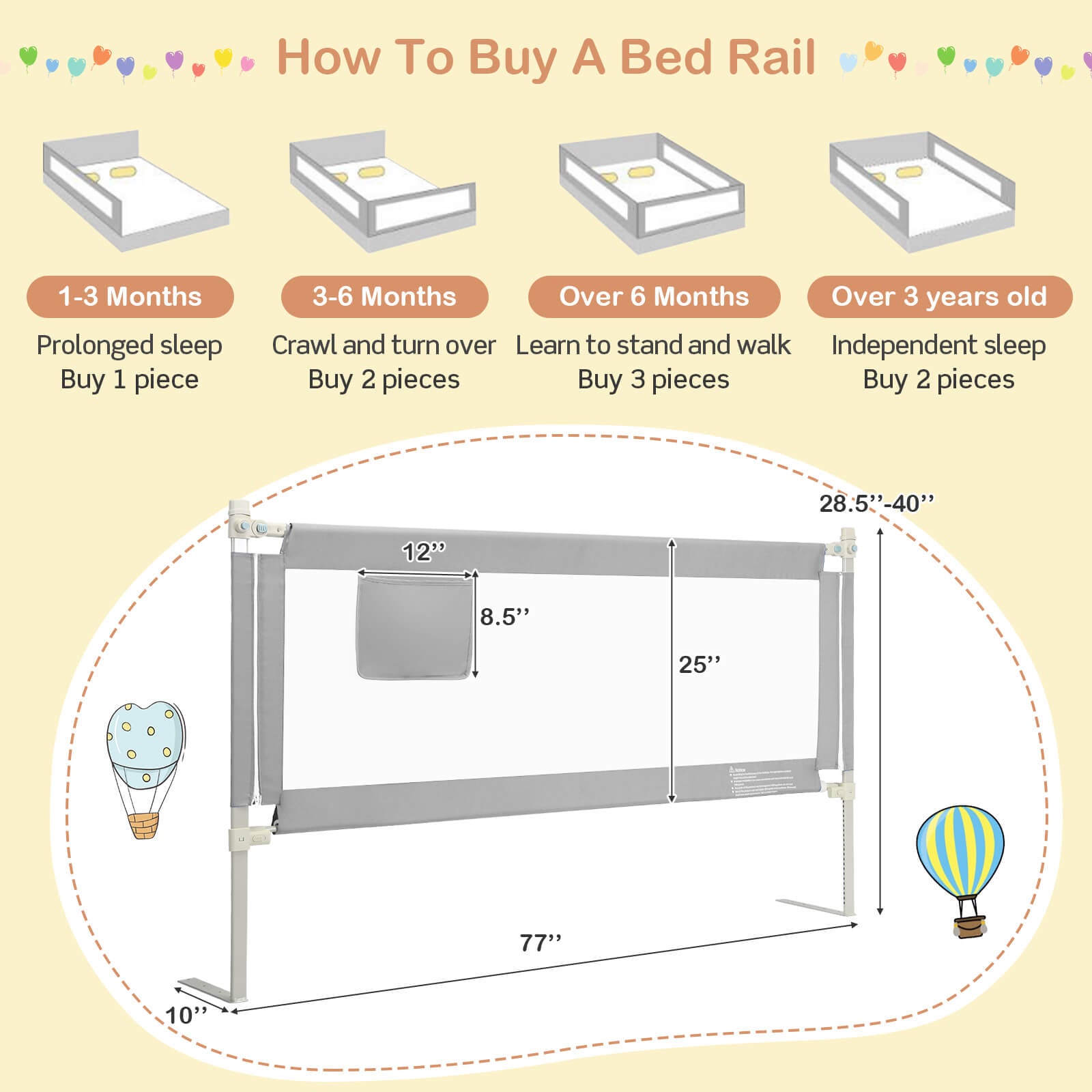 76.8 Inch Baby Bed Rail with Double Safety Child Lock gray metal frame bed safety rails on Tampa Home & Garden Store