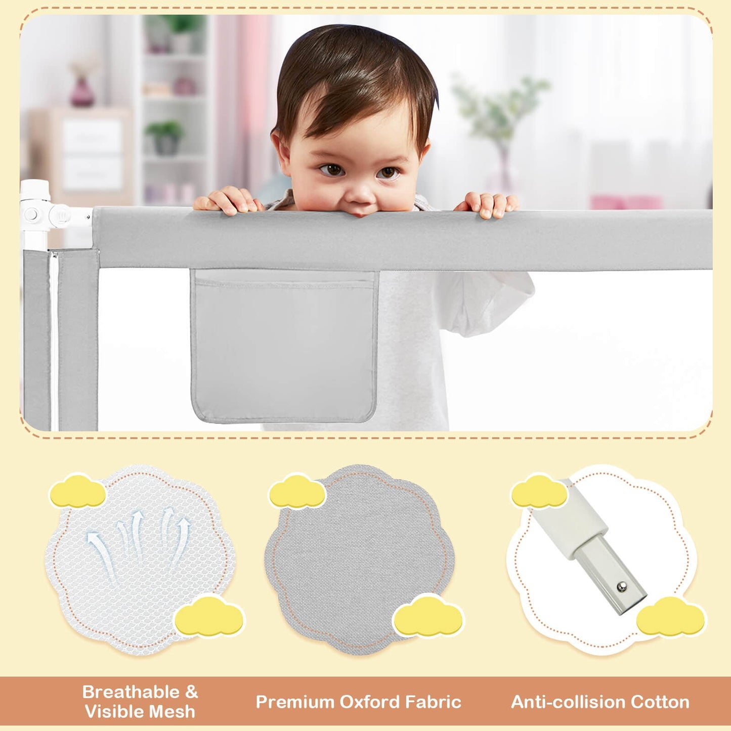 76.8-inch baby bed rail with double safety lock, gray padded guard with storage pocket on Tampa Home & Garden Store