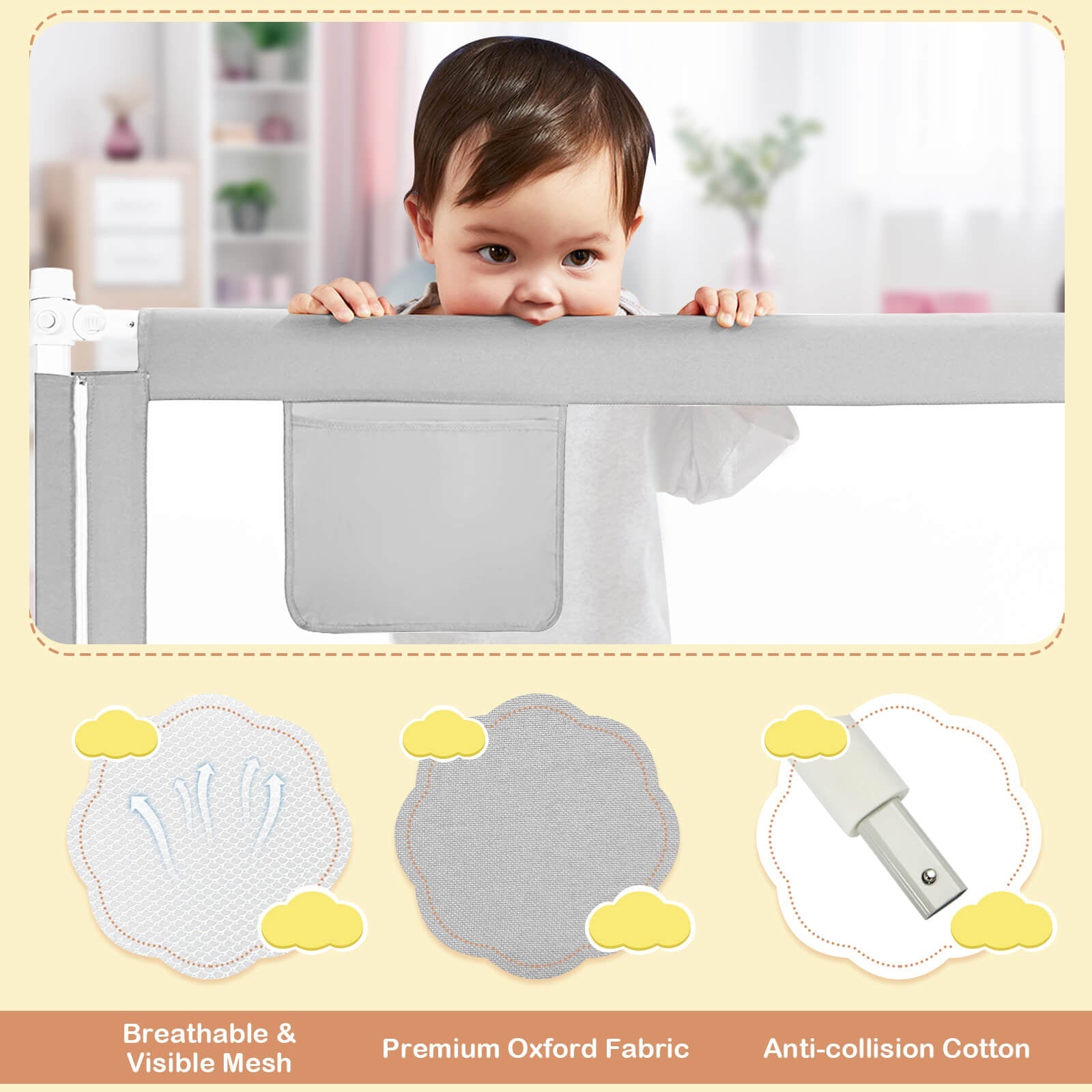 76.8-inch baby bed rail with double safety lock, gray padded guard with storage pocket on Tampa Home & Garden Store